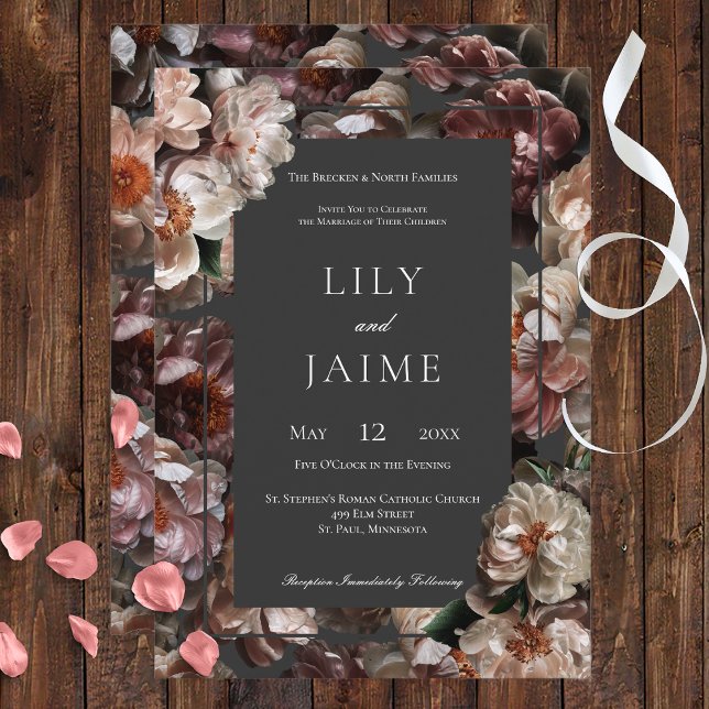 Boho Dark Peony Flowers Modern Charcoal Wedding Invitation (Creator Uploaded)