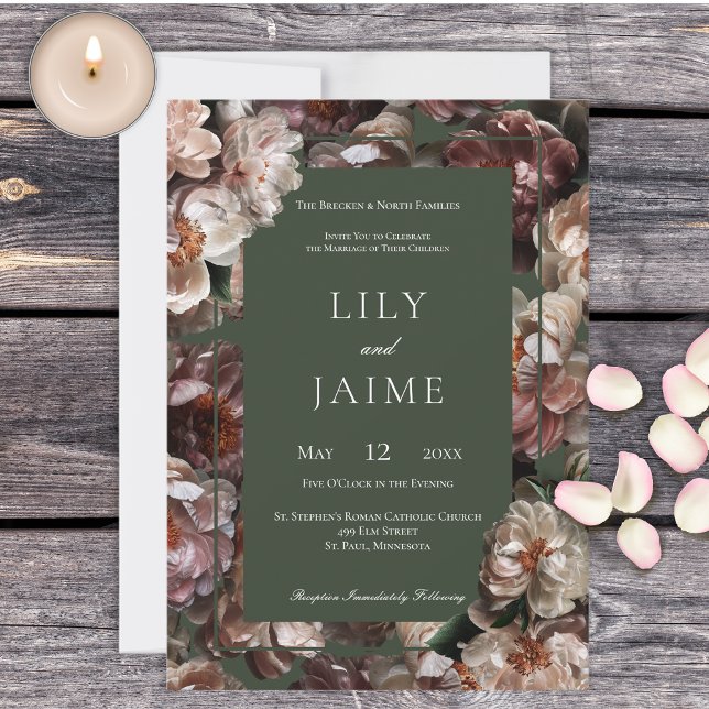 Boho Dark Peony Flowers Modern Sage Wedding Invitation (Creator Uploaded)