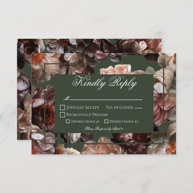 Boho Dark Peony Flowers Modern Wedding RSVP Card (Front/Back)