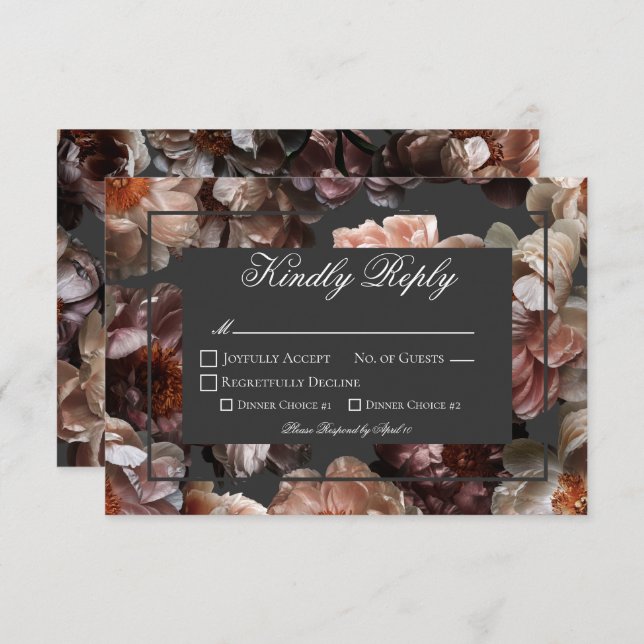 Boho Dark Peony Flowers Modern Wedding RSVP Card (Front/Back)