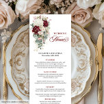 Boho dark red white gold floral wedding menu card<br><div class="desc">✅ For matching items search 208W in my collections ✅ Complete your reception tablescape with this boho wedding menu, featuring watercolor burgundy and white roses with shimmering gold leaves. Designed in a sophisticated palette of burgundy, marsala, maroon, deep red, dark red, crisp white, and metallic gold, this menu combines boho...</div>