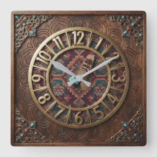 Boho Dark Wood & Ethnic Turquoise Gemstone Square Wall Clock