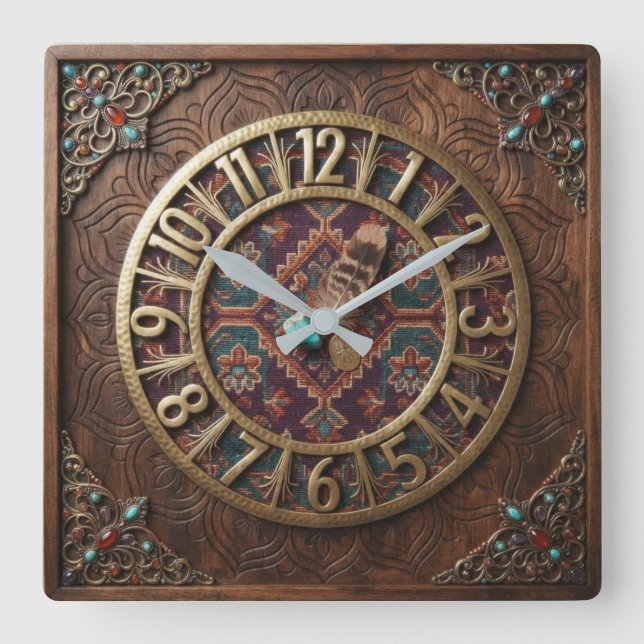 Boho Dark Wood & Ethnic  Turquoise Gemstone  Square Wall Clock (Front)