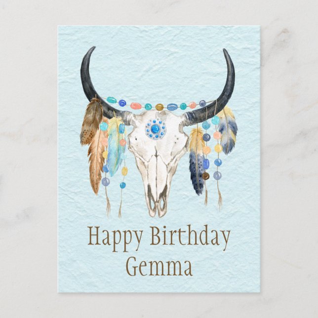 Boho Decorated Cow Skull Birthday  Postcard (Front)