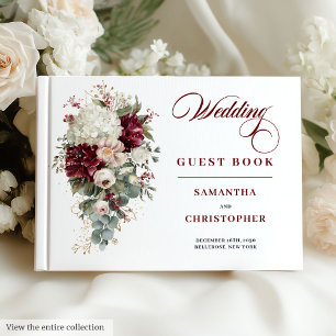 Boho deep red blush gold floral wedding guest book