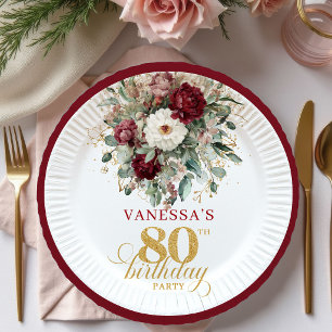 Boho Deep Red Floral 80th Birthday Paper Plates