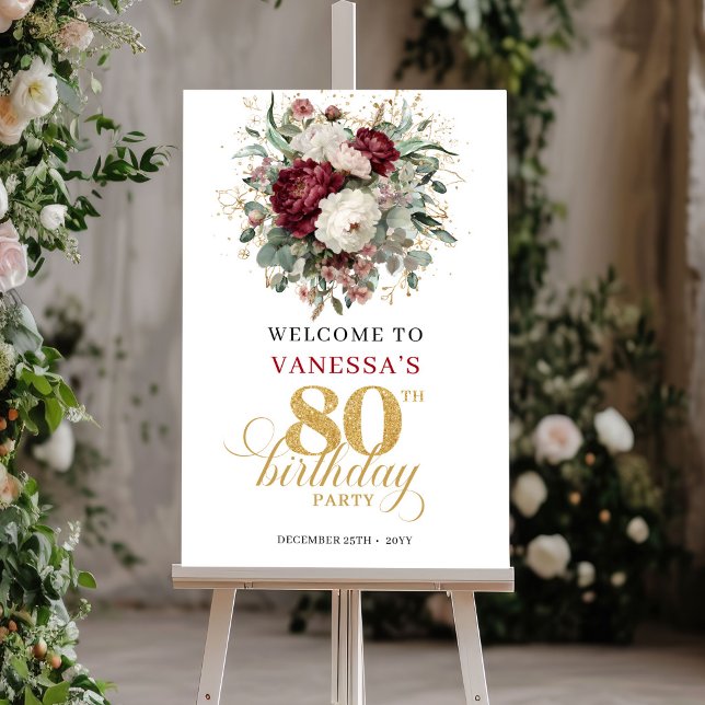 Boho Deep Red Floral 80th Birthday Welcome Poster (Boho Deep Red Floral 80th Birthday Welcome Poster)