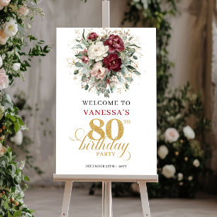 Boho Deep Red Floral 80th Birthday Welcome Poster