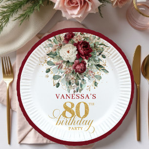 Boho Deep Red Floral Gold 80th Birthday Paper   Plate