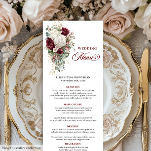 Boho deep red white gold floral wedding menu card