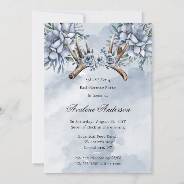 Boho Deer Antler Blue Floral Bachelorette Party Invitation (Front)