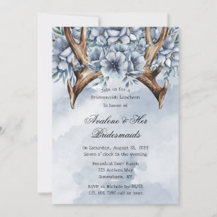 Boho Deer Antler Blue Floral Bridesmaids Luncheon Invitation