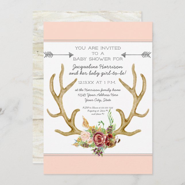 BOHO Deer Antler Blush Floral Baby Girl Shower Invitation (Front/Back)