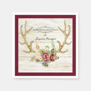 BOHO Deer Antler Fall Watercolor Rose Floral Wood Napkin