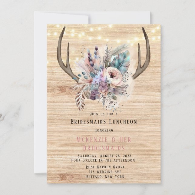 Boho Deer Antler Floral Bridesmaids Luncheon Invitation (Front)