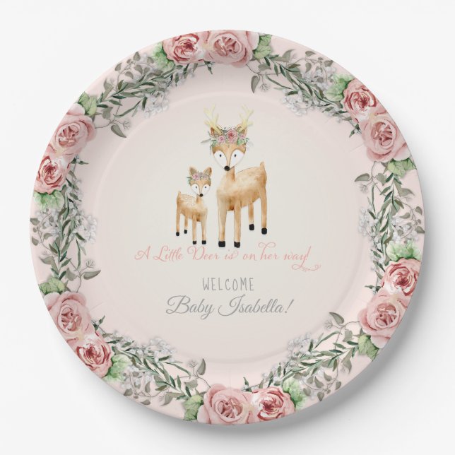 BOHO Deer Antler Floral Rose Baby Girl Shower Art Paper Plate (Front)