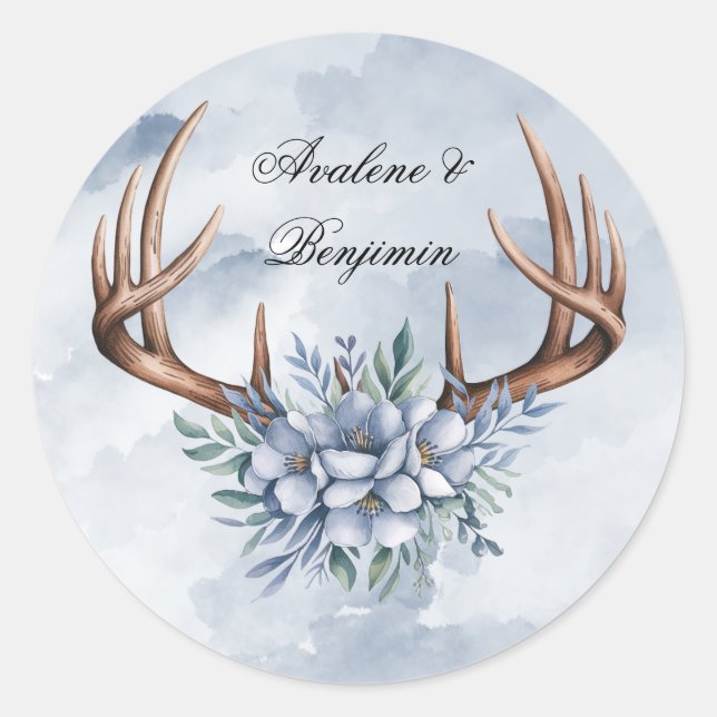 Boho Deer Antler with Blue Florals Wedding Classic Round Sticker (Front)