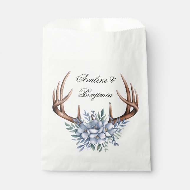 Boho Deer Antler with Blue Florals Wedding Favour Bags (Front)