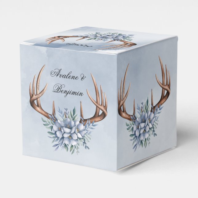 Boho Deer Antler with Blue Florals Wedding Favour Box (Front Side)