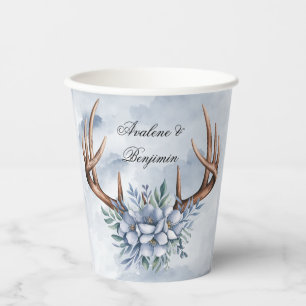 Boho Deer Antler with Blue Florals Wedding Paper Cups
