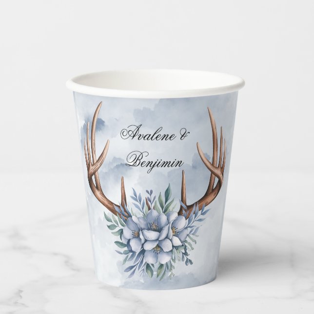 Boho Deer Antler with Blue Florals Wedding Paper Cups (Front)