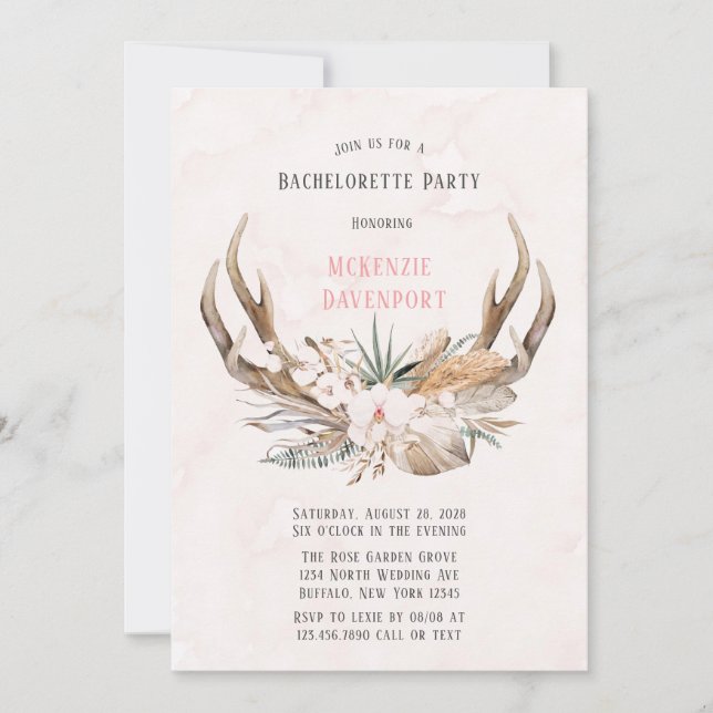 Boho Deer Antlers and Florals Bachelorette Party Invitation (Front)