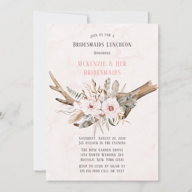 Boho Deer Antlers and Florals Bridesmaids Luncheon Invitation (Front)
