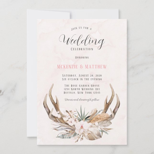 Boho Deer Antlers and Florals Wedding Invitation (Front)