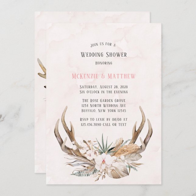Boho Deer Antlers and Florals Wedding Shower Invitation (Front/Back)