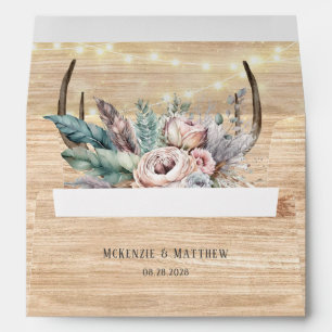 Boho Deer Antlers and Florals Wood Wedding Envelope