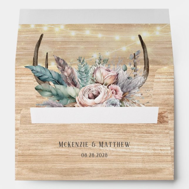 Boho Deer Antlers and Florals Wood Wedding Envelope (Back (Bottom))