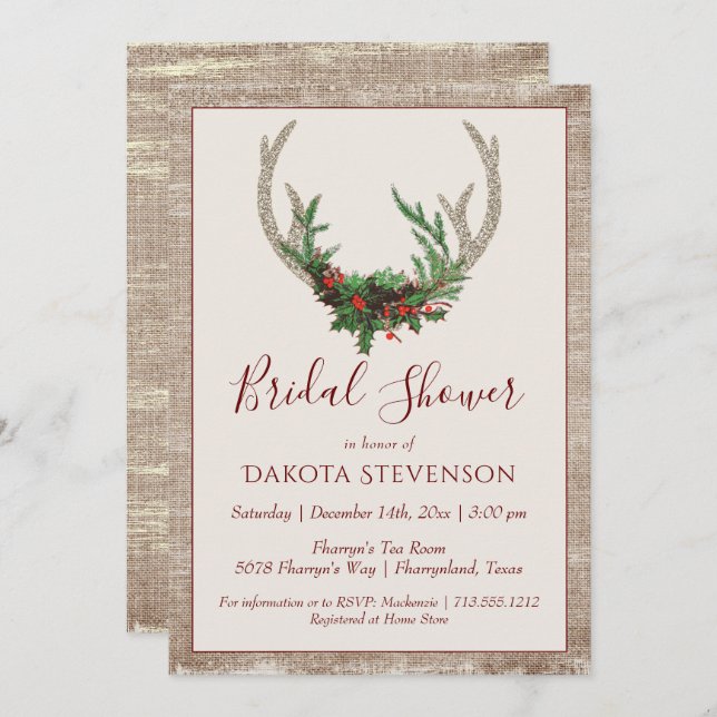 Boho Deer Antlers | Rustic Christmas Bridal Shower Invitation (Front/Back)