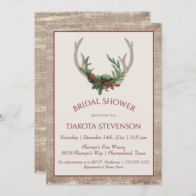 Boho Deer Antlers | Rustic Christmas Bridal Shower Invitation (Front/Back)