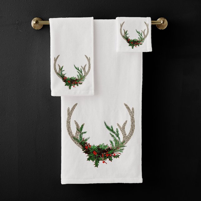 Boho Deer Antlers | Rustic Red Christmas Floral Bath Towel Set (Creator Uploaded)