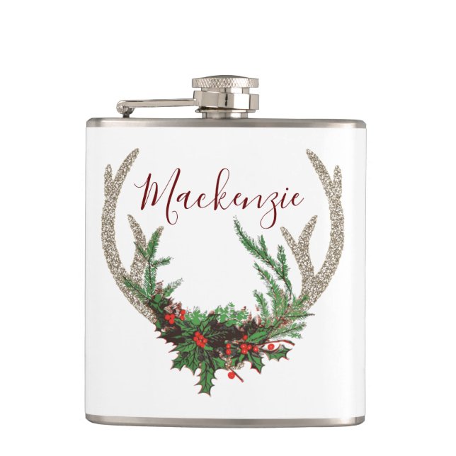 Boho Deer Antlers | Rustic Red Christmas Floral Hip Flask (Front)