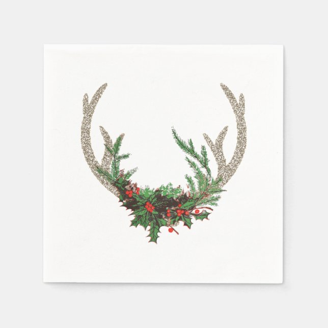 Boho Deer Antlers | Rustic Red Christmas Floral Napkin (Front)