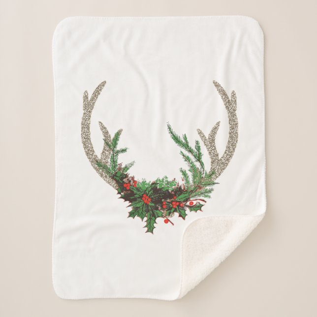 Boho Deer Antlers | Rustic Red Christmas Floral Sherpa Blanket (Front)