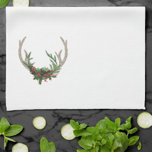 Boho Deer Antlers   Rustic Red Christmas Floral Tea Towel