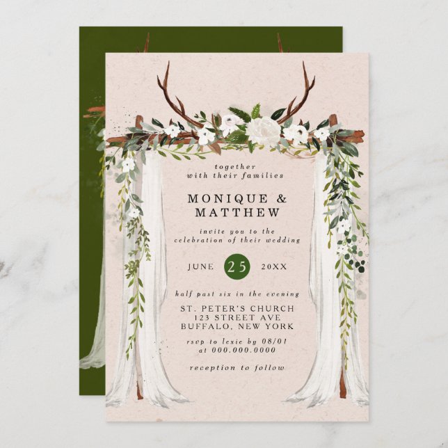 Boho Deer Antlers White Canopy Rustic Wedding Invitation (Front/Back)