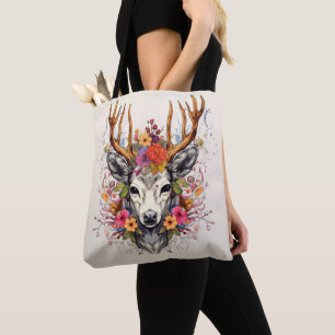 Boho Deer Colourful Flowers Tote Bag