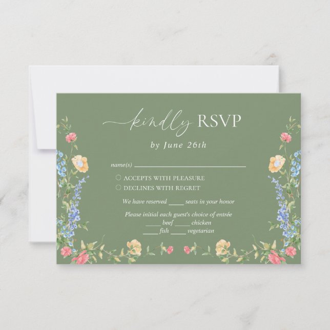 Boho Delicate Wildflower Sage Green Wedding RSVP Card (Front)