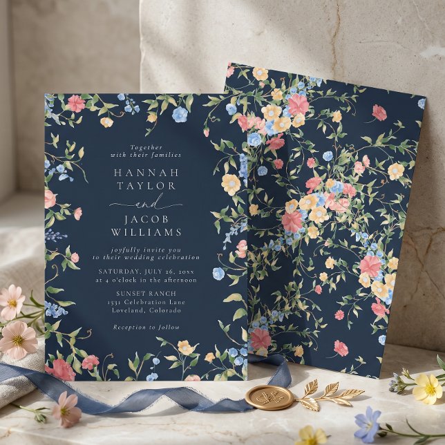 Boho Delicate Wildflowers Navy Wedding Invitation (Creator Uploaded)