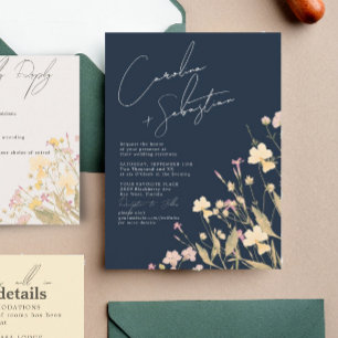 Boho Delicate Wildflowers Navy Wedding  Invitation