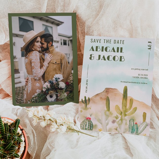 Boho Desert Cactus Arizona Destination wedding Save The Date (Boho Desert Cactus Arizona Destination wedding Save The Date on blue sky)