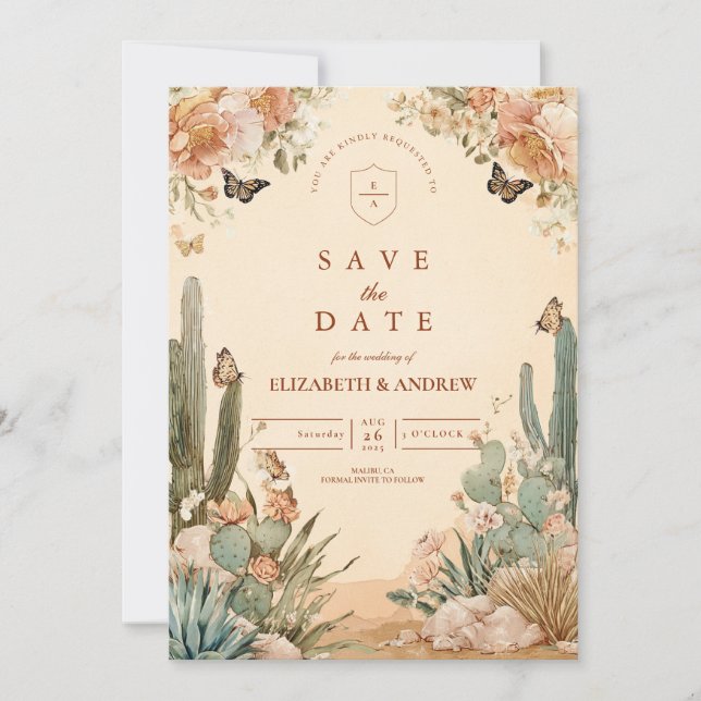 Boho Desert Cactus Floral Wedding Save The Date (Front)