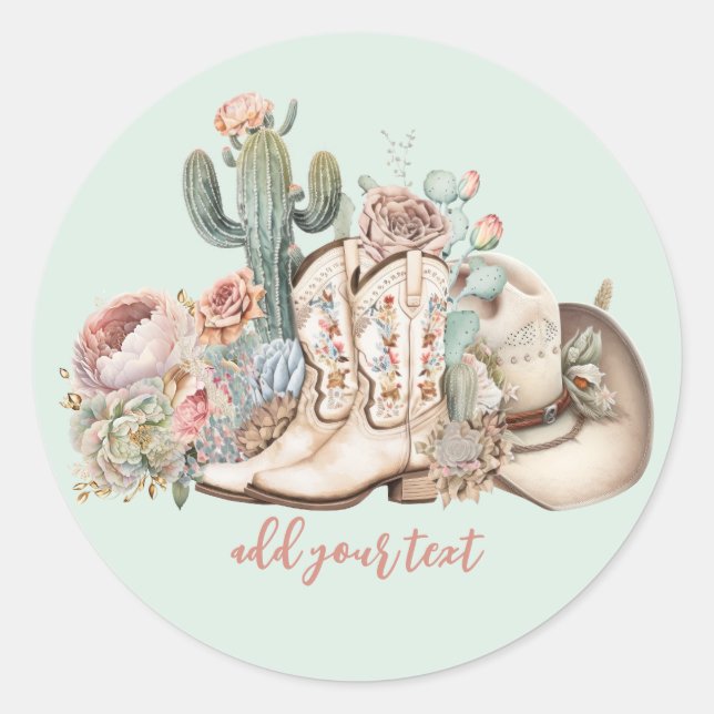 Boho desert cowgirl cowboy boots cowboy hat classic round sticker (Front)