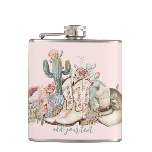 Boho desert cowgirl cowboy boots cowboy hat hip flask (Front)