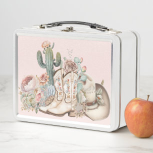 Boho desert cowgirl cowboy boots cowboy hat metal lunch box