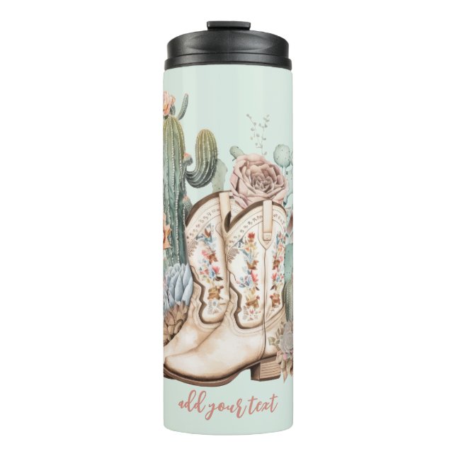 Boho desert cowgirl cowboy boots cowboy hat thermal tumbler (Front)