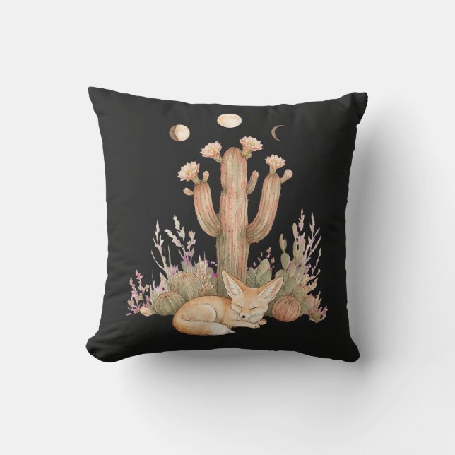 Boho Desert Fennec Fox Sleeping Under Saguaro Cact Cushion (Front)